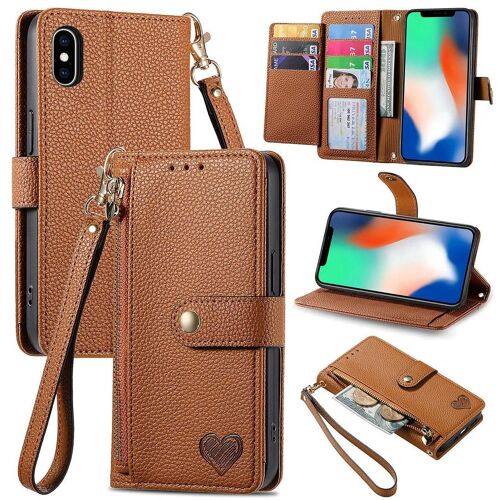 Saturcase Coque Pour Apple Iphone X Xs, Heart Pu Cuir Flip Portefeuille Poche Double Boucle Magnétique Fermeture Éclair Support Porte-Carte Cordon Protecteur Housse Étui Pour Apple Iphone X Xs (Ax-Marron)