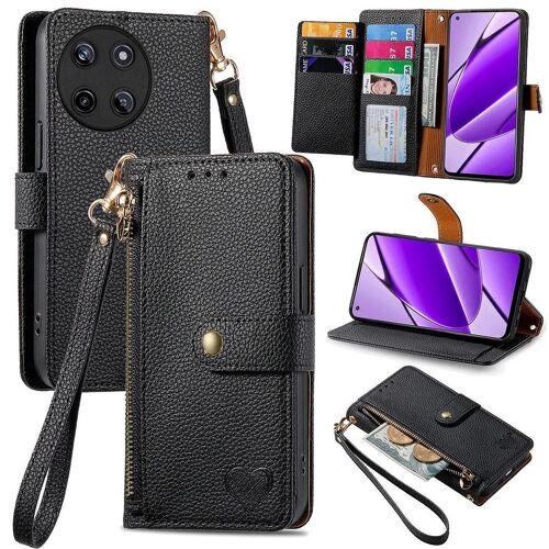 SATURCASE Coque pour Realme 11 4G, Heart PU Cuir Flip Portefeuille Poche Double Boucle Magnétique Fermeture éclair Support Porte-carte Cordon Protecteur Housse Étui pour Realme 11 4G (AX-Noir)