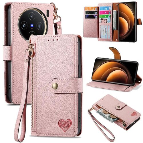 SATURCASE Coque pour Vivo X100, Heart PU Cuir Flip Portefeuille Poche Double Boucle Magnétique Fermeture éclair Support Porte-carte Cordon Protecteur Housse Étui pour Vivo X100 (AX-Pink)