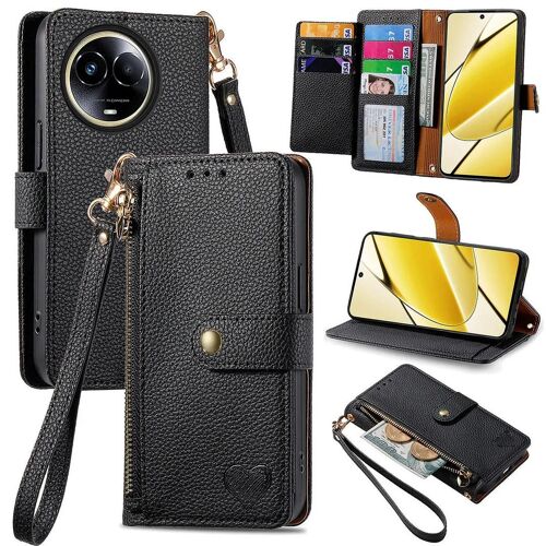 SATURCASE Coque pour Realme 11 5G, Heart PU Cuir Flip Portefeuille Poche Double Boucle Magnétique Fermeture éclair Support Porte-carte Cordon Protecteur Housse Étui pour Realme 11 5G (AX-Noir)