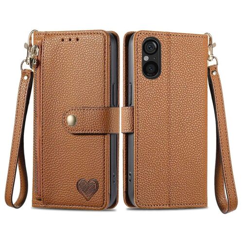 SATURCASE Coque pour Sony Xperia 5 V 2023, Heart PU Cuir Flip Portefeuille Poche Double Boucle Magnétique Fermeture éclair Support Porte-carte Cordon Protecteur Housse Étui pour Sony Xperia 5 V 2023 (AX-Marron)