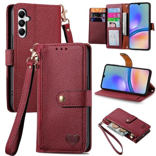 SATURCASE Coque pour Samsung Galaxy A05S, Heart PU Cuir Flip Portefeuille Poche Double Boucle Magnétique Fermeture éclair Support Porte-carte Cordon Protecteur Housse Étui pour Samsung Galaxy A05S (AX-Rouge)