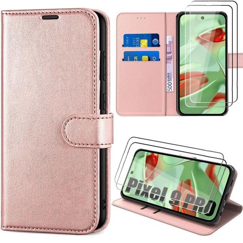 Coque + 2 Verres Trempés Pour Google Pixel 9 Pro - Flip Case Effet Cuir Rose Avec Support Et Porte-Carte - E.F.Connection