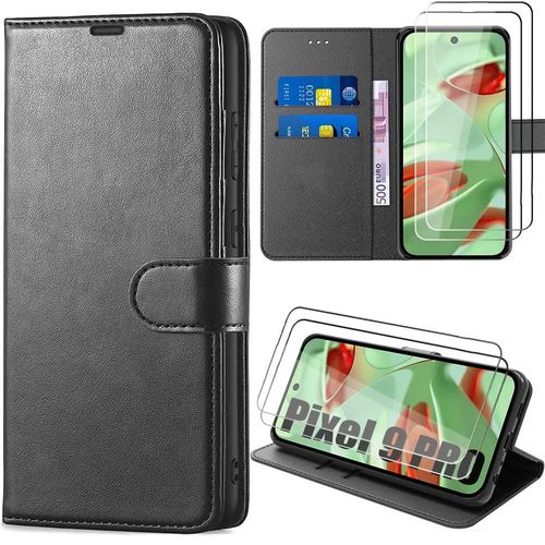 Coque Et 2 Verres Trempés Pour Google Pixel 9 Pro, Anti-Rayures Porte-Carte Synthécuir Souple - Noir - E.F.Connection