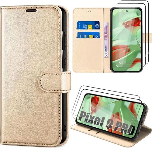 Coque + 2 Verres Trempés Pour Google Pixel 9 Pro, Anti-Rayures Porte-Carte Protection 360 Degré Cuir Pu Doré - E.F.Connection