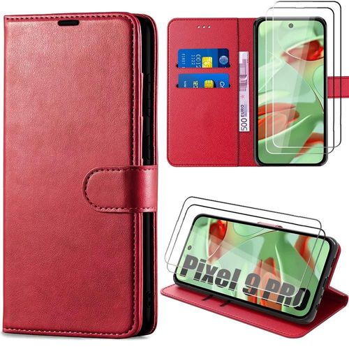 Coque + 2 Verres Trempés Pour Google Pixel 9 Pro, Protection Rabat Anti-Rayures Antichoc Synthécuir Souple - Rouge - E.F.Connection