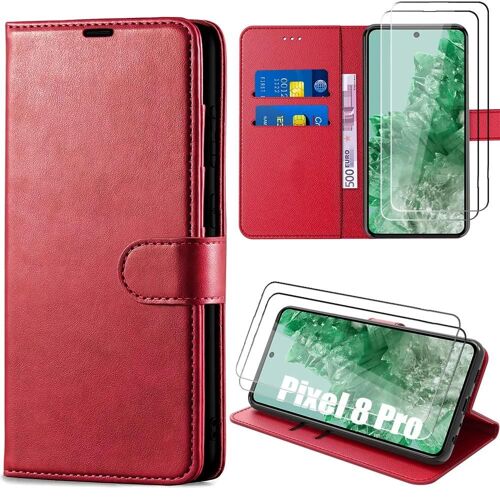 Coque + 2 Verres Trempés Pour Google Pixel 8 Pro - Coque À Rabat Cuir Pu Anti-Rayure - Rouge - E.F.Connection