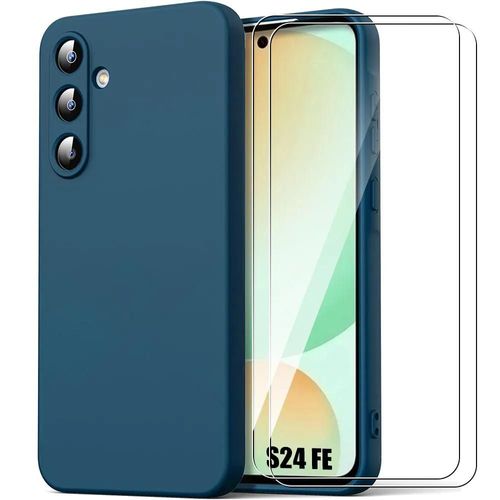Coque + 2 Verres Trempés pour Samsung Galaxy S24 FE (pas pour S24) - Silicone Ultra Fine Léger Antichoc - Bleu Marine - E.F.Connection