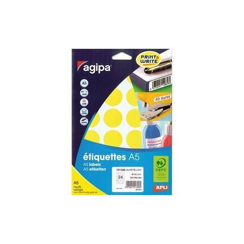 Apli-Agipa Pellets Multi Purpose - Adhésif Permanent - Jaune - Diamètre 30 Mm 240 Étiquette(S) (10 Feuille(S) X 24 Étiquettes Rondes
