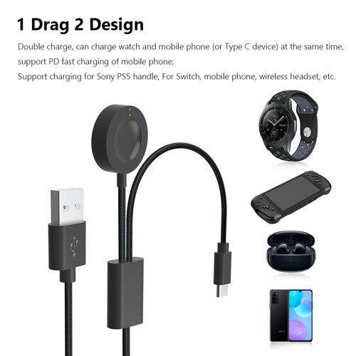 Câble de chargement 2 en 1 USB C + pour montre, pour Fossil Gen 6/Gen 5/Gen 4 Venture, câble de chargement pour téléphone portable Android