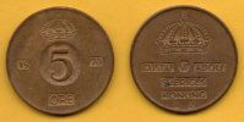 Suède = Pièce De 5 Ore, Année 1970, En Bronze.