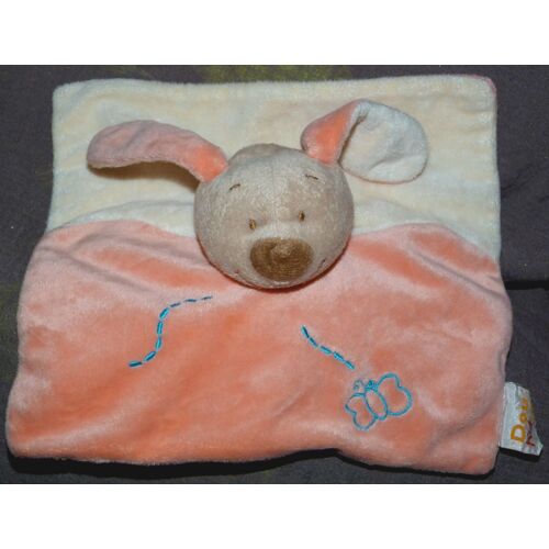 Lapin Plat Doukidou Doudou Orange Beige Saumon Peluche