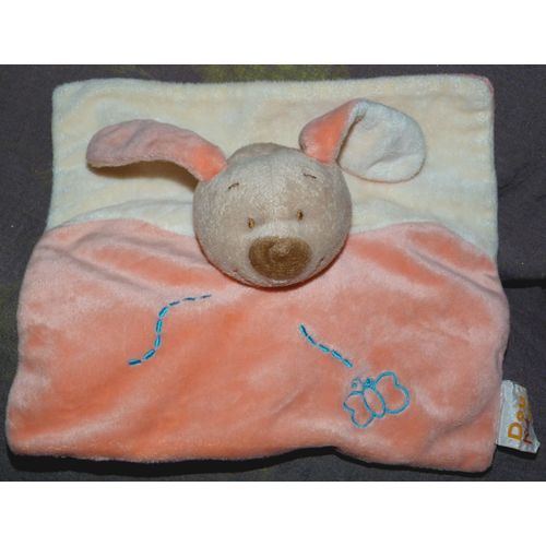 Lapin Plat Doukidou Doudou Orange Beige Saumon Peluche