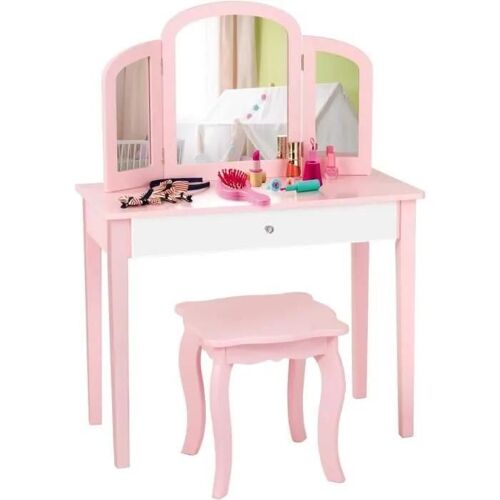 COSTWAY Coiffeuse pour Enfants 2 en 1 avec Miroir Amovible et Pliable, 1 Grand Tiroir Style Princesse Rose