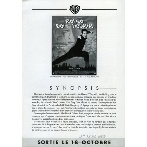 Roméo Doit Mourir, Synopsis Dépliant, De Andrzej Bartkowiak, Avec Russell Wong, Jet Li, Dmx, Aaliyah