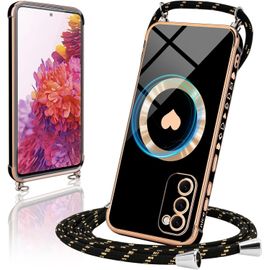 TRAHOO-Coque Magnétique pour Samsung Galaxy S20 FE 4G/S20 FE 5G Coque Silicone Galvanisé Mignon Étui Bumper Case Compatible avec Magsafe avec Cordon/Collier Réglable Tour de Cou Lanière Corde,Noir