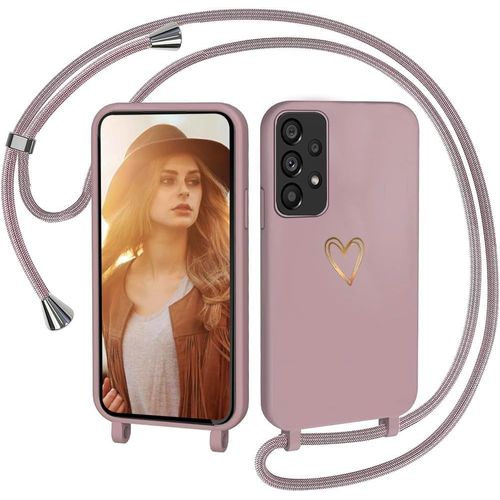 TRAHOO-Coque avec Cordon pour Samsung Galaxy A53 5G, Coque de Cellulaire Corde Silicone Étui en Motif Coeur avec Réglable Collier Téléphone Chaîne Lanyard Case Housse pour Samsung A53 5G, Pink