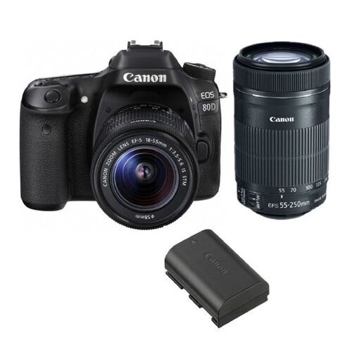 KIT CANON EOS 80D EF-S 18-55mm F3.5-5.6 IS STM + EF-S 55-250mm F4-5.6 IS STM (boîtier blanc) + Batterie CANON LP-E6N