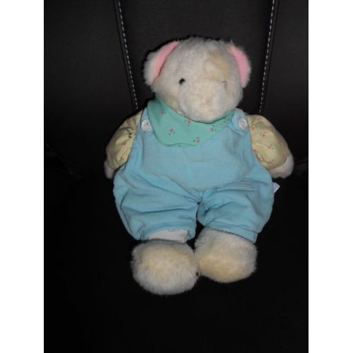 Doudou Ours Blanc Avec Salopette Bleue "Eden"