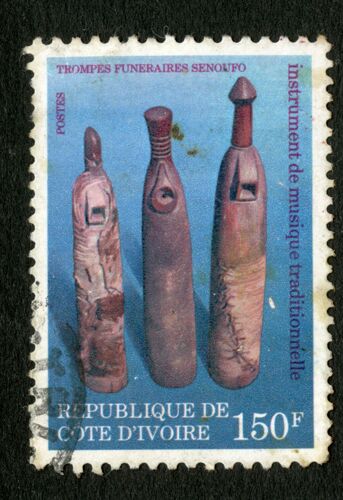Timbre Oblitéré République De Cote D'ivoire, Trompes Funéraires Senoufo, Instrument De Musique Traditionnelle, 150 F, Postes