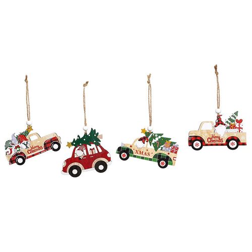 Christmas Theme Gnome Car Wood Ornaments For Xmas Tree Hanging Decorations 4pc