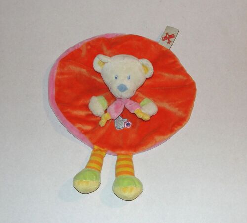 Doudou Ours Nicotoy Plat Et Rond Couleur Orange Brodé Coeur
