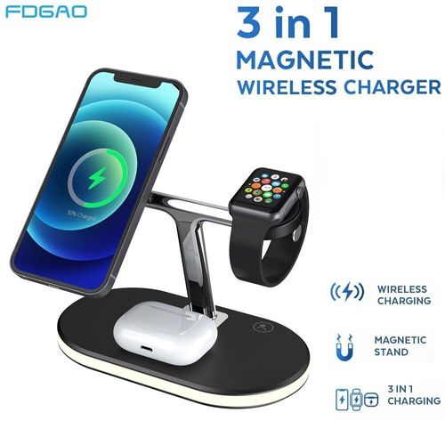 Chargeur Magnétique Sans Fil 3 En 1 Pour Magsafe Iphone 12 Pro Max Airpods Pro Apple Watch, Station De Charge Rapide 15w, Support De Chargement