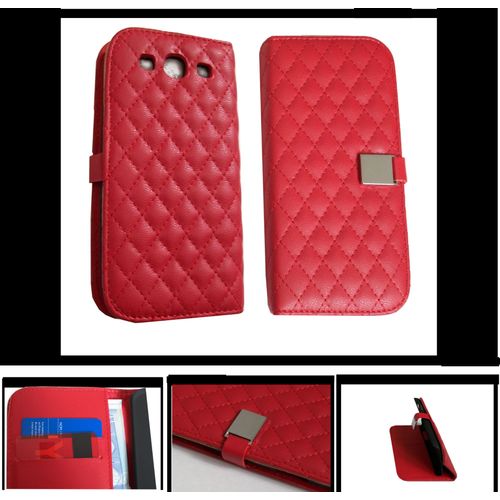 Etui Housse Coque À Rabat Portefeuille Portecartes Support Vidéo Cuir Pu Matelassé Rouge Pour Samsung Galaxy S3 I9300