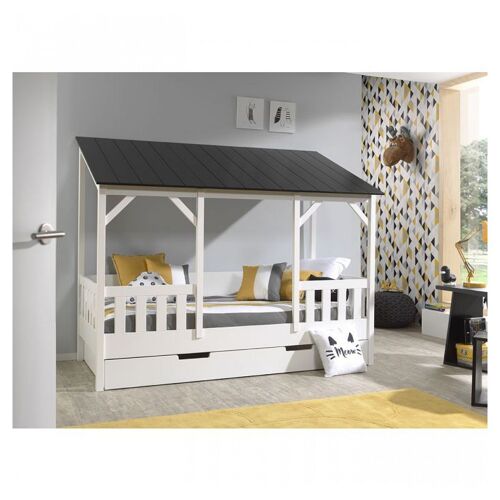 Vipack Malia Lit Cabane 90x200 Avec Toit Noir + Lit Gigogne
