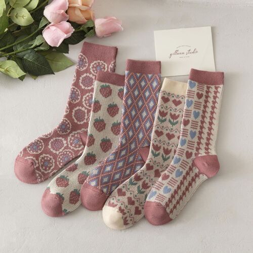 5 Paires De Chaussettes, Enfants, Automne Et Hiver, Rose, Amour, Fraise, Chaussettes Tube Moyen, Jolie Fille, Mode, Ins, Mode, Chaussettes En Coton