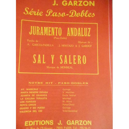 Juramento Andaluz . Sal Y Salero Paso Dobles. Accordéon Et Orchestres. Edition Gazzon