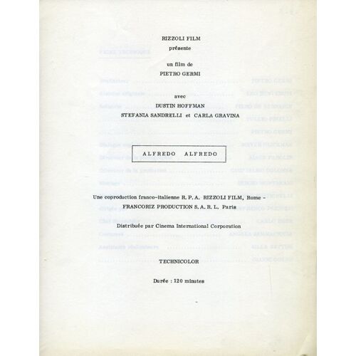 Alfredo Alfredo, Dossier De Presse, Pietro Germi, Dustin Hoffman, Stefania Sandrelli, Carla Gravina