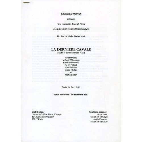La Dernière Cavale, Dossier De Presse-De & Avec Kiefer Sutherland, Avec Vincent Gallo, Kevin Pollack