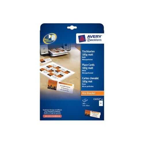 Avery Tent Card C32253 - Blanc - 40 x 110 mm 100 unités (25 feuille(s) x 4) cartes d'invitation