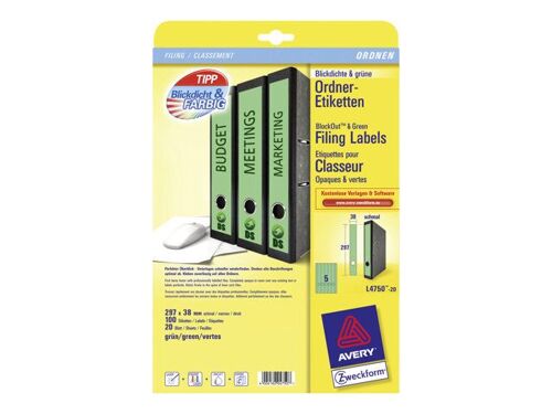 Avery L4750 - Vert - 38 x 297 mm 100 unités (20 feuille(s) x 5) étiquettes pour dossiers