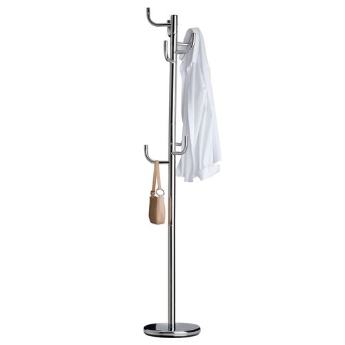 Porte-manteaux MILA portant pour vêtements sur pied socle rond et 8 crochets dont 3 à mi-hauteur, meuble d'entrée en métal chromé