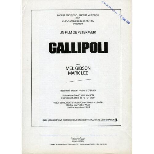 Gallipoli, Dossier De Presse, De Peter Weir, Avec Mark Lee 2, Mel Gibson, Bill Kerr, Ron Graham