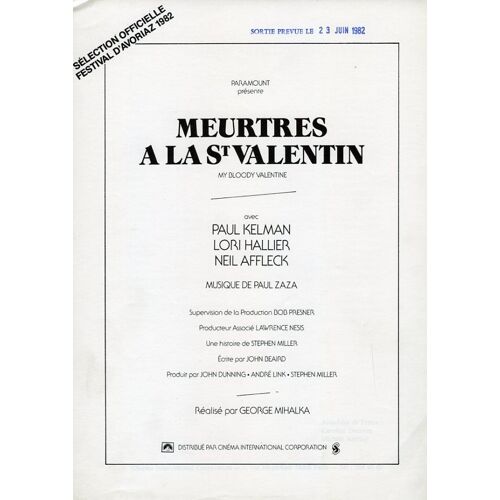 Meurtres À La St Valentin, Dossier Presse, George Mihalka, Paul Kelman, Lori Hallier, Neil Affleck