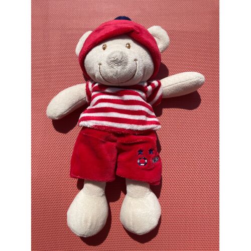 Peluche Doudou Ours Rouge Rayé Bouée Brodée