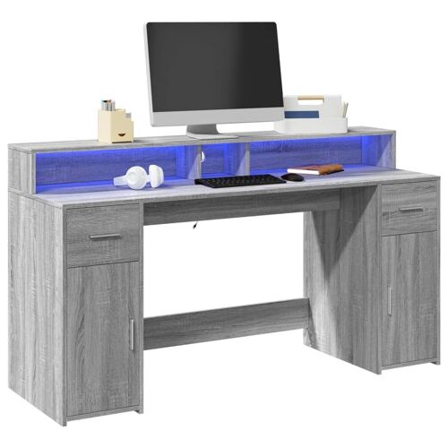 Bureau table poste de travail meuble d'ordinateur informatique étude et lumières LED sonoma 160 x 55 x 91 cm bois ingénierie gris Helloshop26 02_0023809