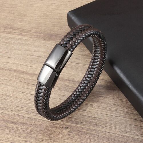 Bracelet En Cuir Tissé À La Main Pour Hommes, Style Simple, Noir, Structure En Métal, Bracelet Décontracté À La Mode, Cadeau Pour Mari, Haute Qualité