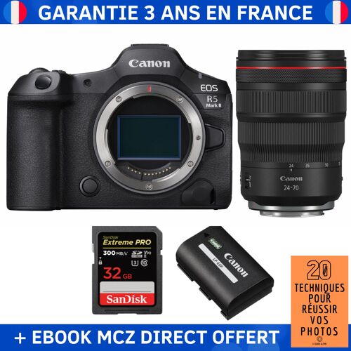 Canon EOS R5 Mark II + RF 24-70mm f/2.8 L IS USM + 1 SanDisk 32GB Extreme PRO UHS-II SDXC 300 MB/s + 1 Canon LP-E6P + Ebook '20 Techniques pour Réussir vos Photos' - Appareil Photo Hybride Canon