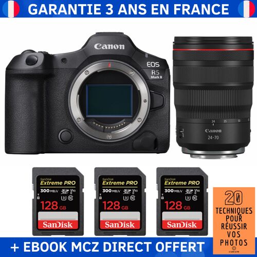Canon EOS R5 Mark II + RF 24-70mm f/2.8 L IS USM + 3 SanDisk 128GB Extreme PRO UHS-II SDXC 300 MB/s + Ebook '20 Techniques pour Réussir vos Photos' - Appareil Photo Hybride Canon