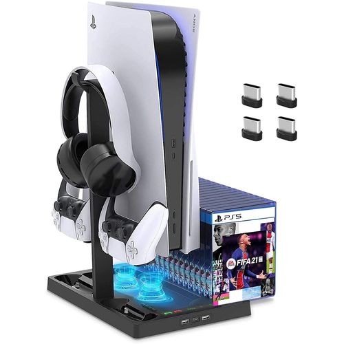 Support vertical refroidissant pour console PS5 avec double port pour manette - noir