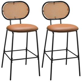 Costway Tabourets De Bar Lot De 2, Dossier En Rotin Pe, Siège En Cuir Pu - 75 Cm De Haut, Style Vintage Et Naturel