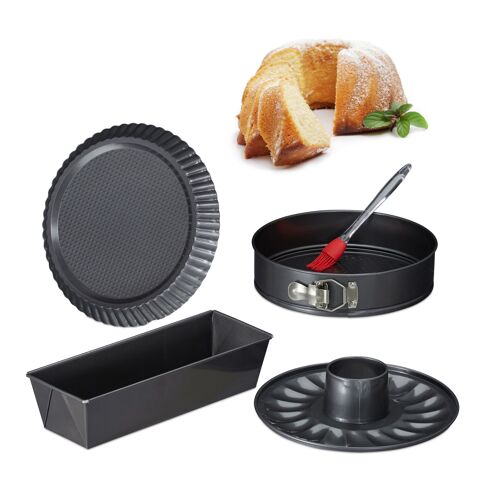 Relaxdays Set 5 Pièces Moules À Gâteaux, Rectangle, À Charnières, Kouglof, Tarte, Pinceaux