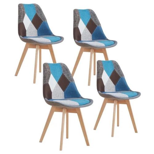Lot De 4 Chaise De Salle À Manger En Lin Avec Pieds En Hêtre Massif, Design Rétro Patchwork Multicolore Chaises Rembourrées(Bleu)