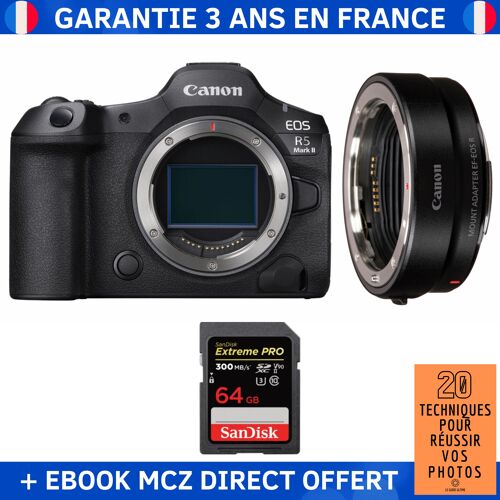 Canon EOS R5 Mark II + EF-EOS R + 1 SanDisk 64GB Extreme PRO UHS-II SDXC 300 MB/s + Ebook '20 Techniques pour Réussir vos Photos' - Appareil Photo Hybride Canon