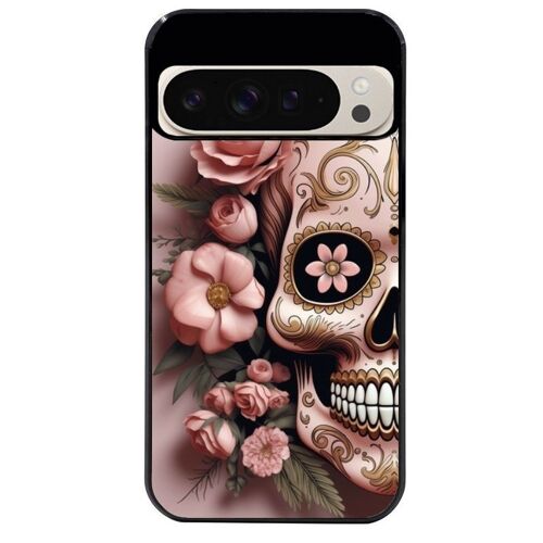 Coque Noire Pour Pixel 9 Tete De Mort Calavera Rose