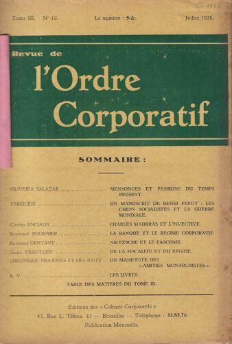Revue De L' Ordre Corporatif , N° 10 , Tome Iii , Juillet 1938
